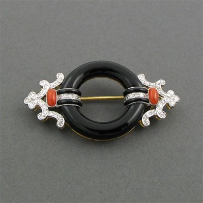 Appraisal: An Art Deco style black onyx Chinoiserie circle brooch the