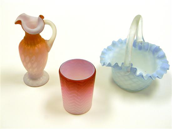 Appraisal: Three pieces of ''satin'' glass including blue basket with applied