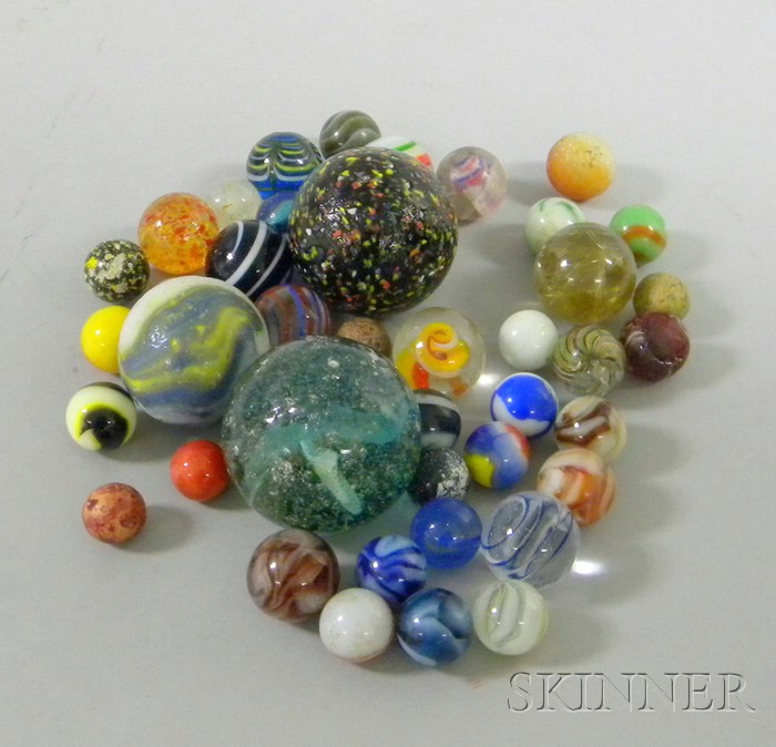 Appraisal: Approximately Forty-four Internally Decorated Marbles including swirl studio and end-of-day