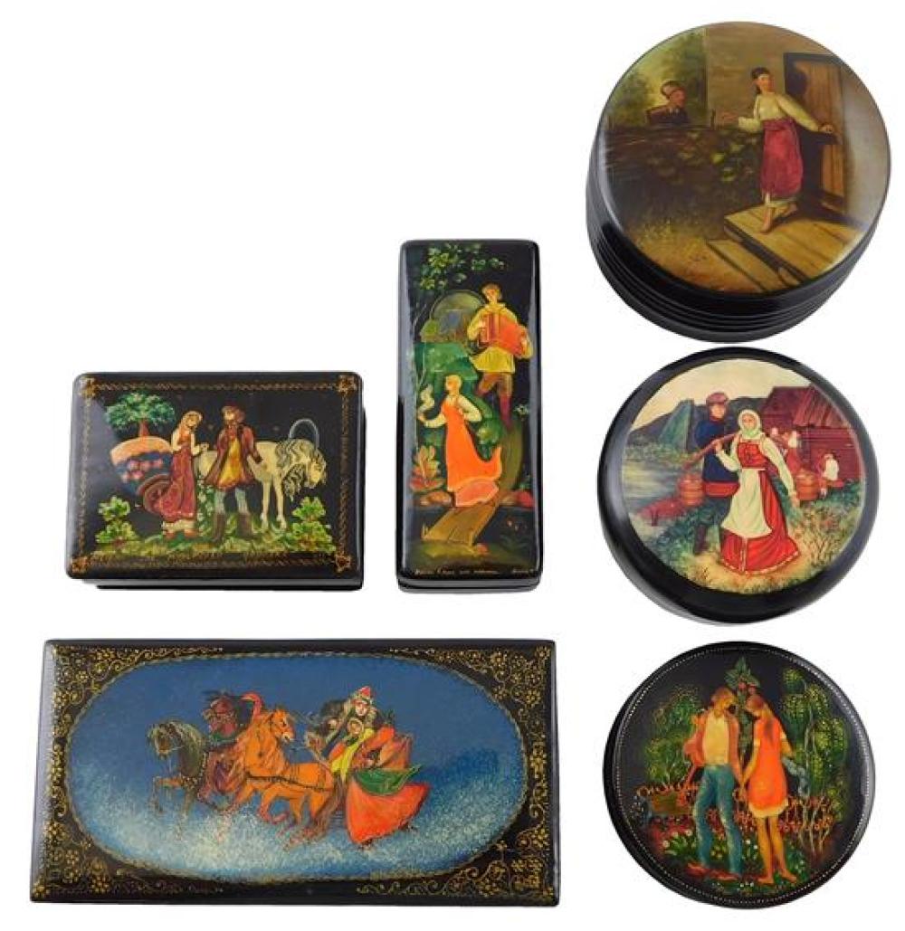 Appraisal: Russian hand-painted lacquer boxes group of six smaller all of