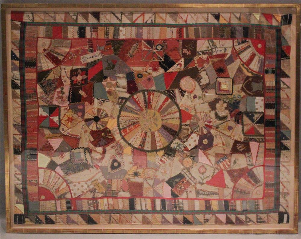 Appraisal: FRAMED CRAZY QUILT FROM with added applied embroidery political ribbons