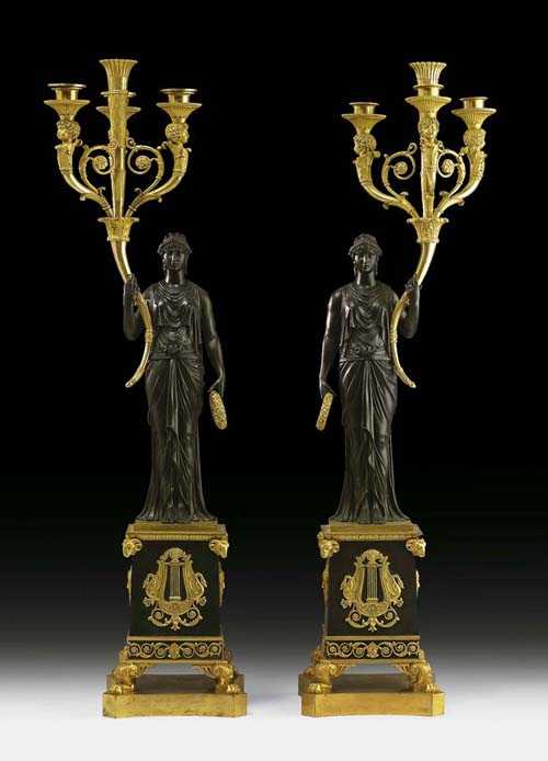 Appraisal: PAIR OF BRONZE CANDELABRAS AUX CORNES D'ABONDANCE Empire attributed to