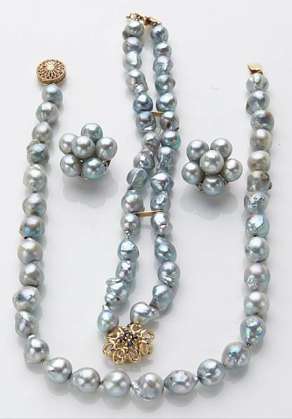 Appraisal: A collection of blue grey baroque cultured pearl and k