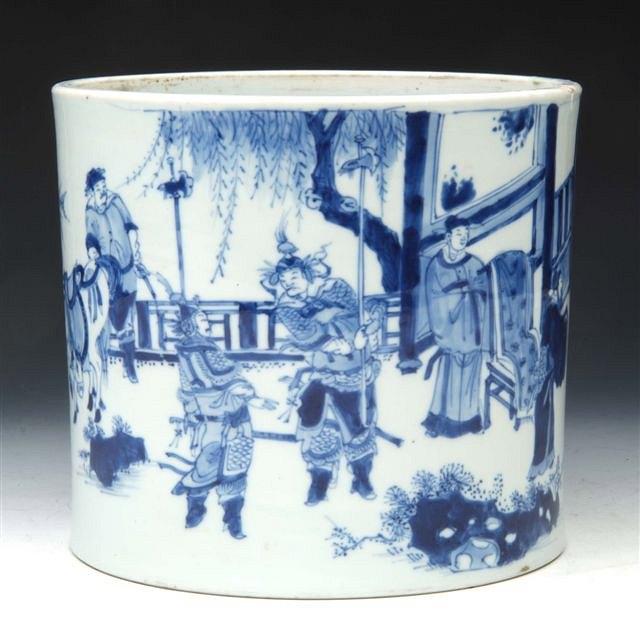 Appraisal: A CHINESE KANGXI BLUE AND WHITE BRUSH POT depicting a