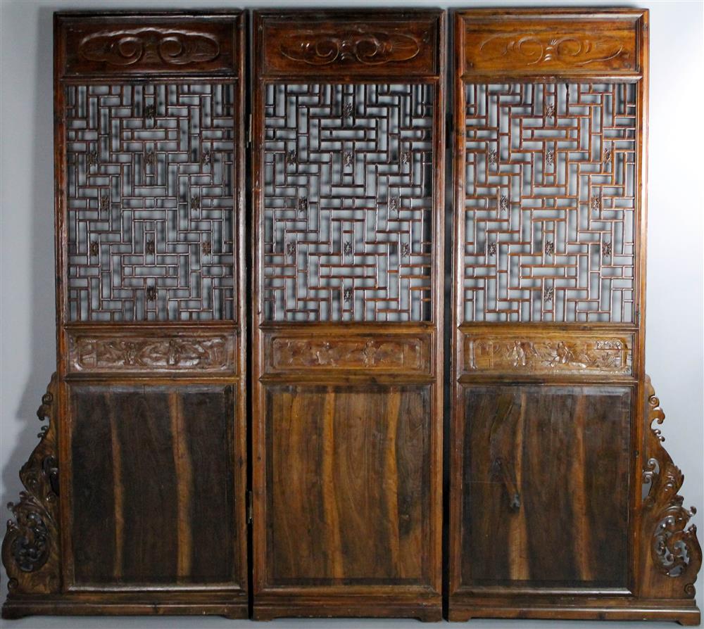 Appraisal: CHINESE THREE PANEL CARVED THRONE SCREEN pierced latticework upper half