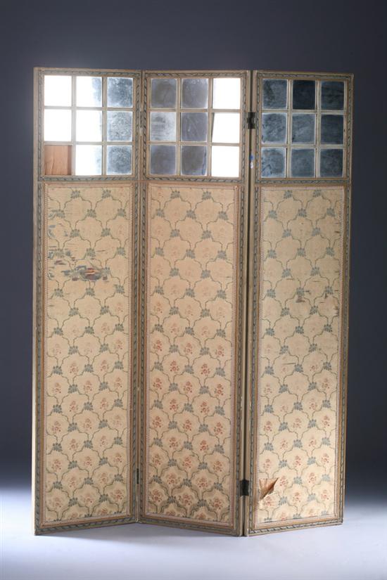 Appraisal: LOUIS XVI STYLE PAINTED AND PARCEL-GILT THREE-PANEL FOLDING SCREEN Early