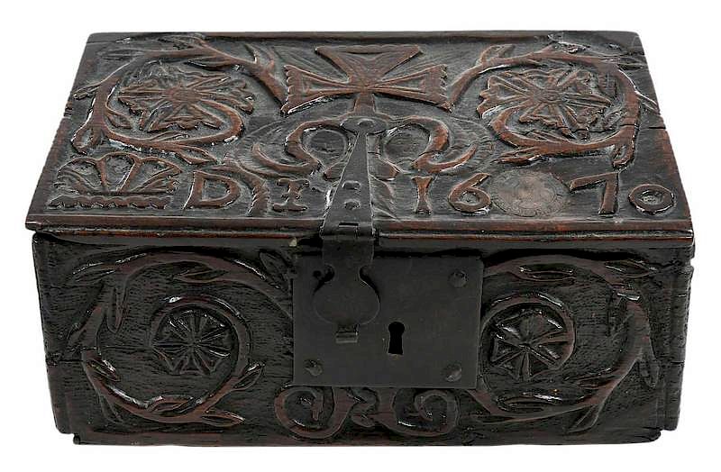 Appraisal: Rare Charles II Carved Oak Lidded Box dated fine lustrous