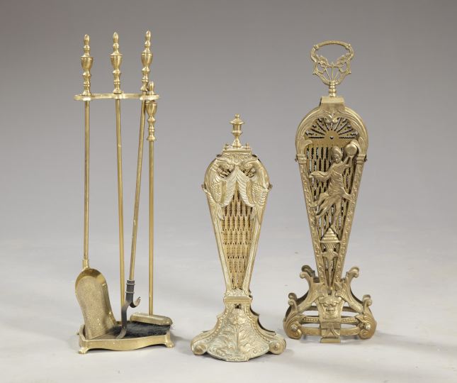 Appraisal: Collection of Brass Fireplace Items including two fold-open firescreens h