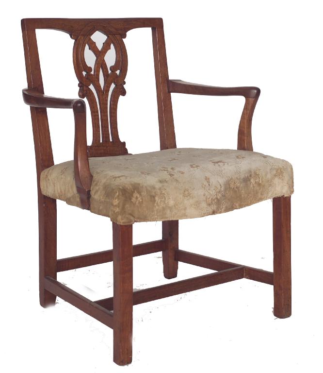 Appraisal: GEORGE III PROVINCIAL OAK OPEN ARMCHAIR with pierced splat outswept