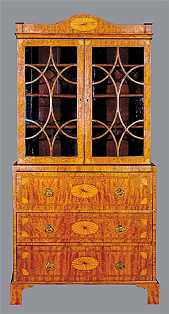 Appraisal: English inlaid satinwood secretary bookcase circa domed cornice over glazed