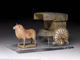 Appraisal: TANG POTTERY OX AND CART Chinese early Tang Dynasty pottery