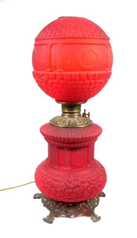 Appraisal: Red satin art glass oil lamp in Pavillion pattern by