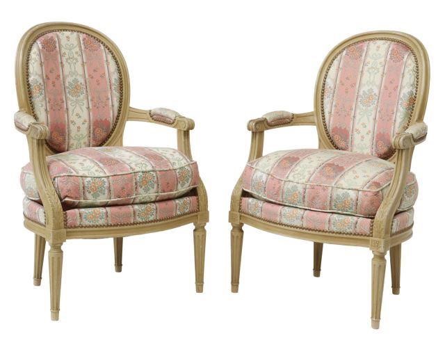 Appraisal: pair French Louis XVI style armchairs th c painted frame