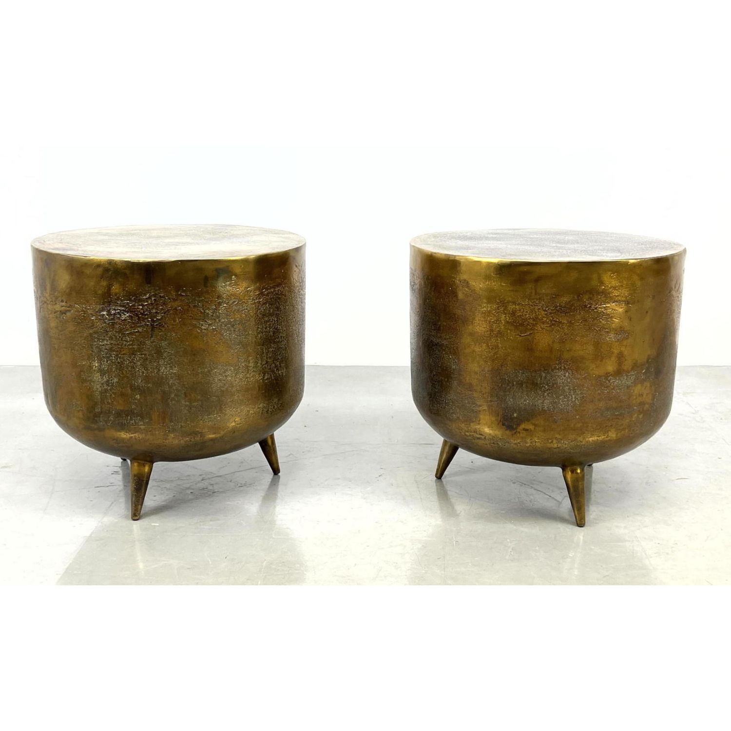 Appraisal: Pr Metal Drum style Side End Tables Tripod Bases Hollow