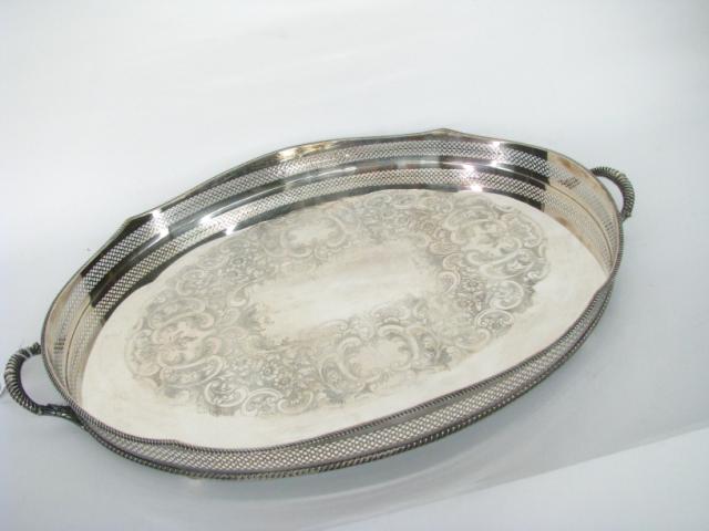 Appraisal: Silverplate handled gallery tray x oval with engraved interior by