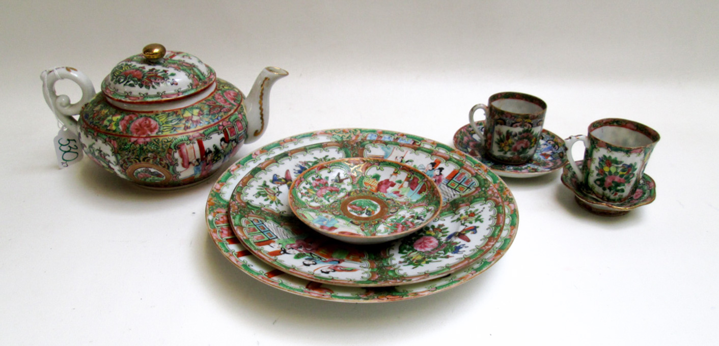 Appraisal: ASSEMBLED CHINESE HAND ENAMELED DINNERWARE SET twenty-seven pieces including Rose