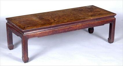 Appraisal: CHINESE HARDWOOD LOW TABLE The top with burlwood panels above