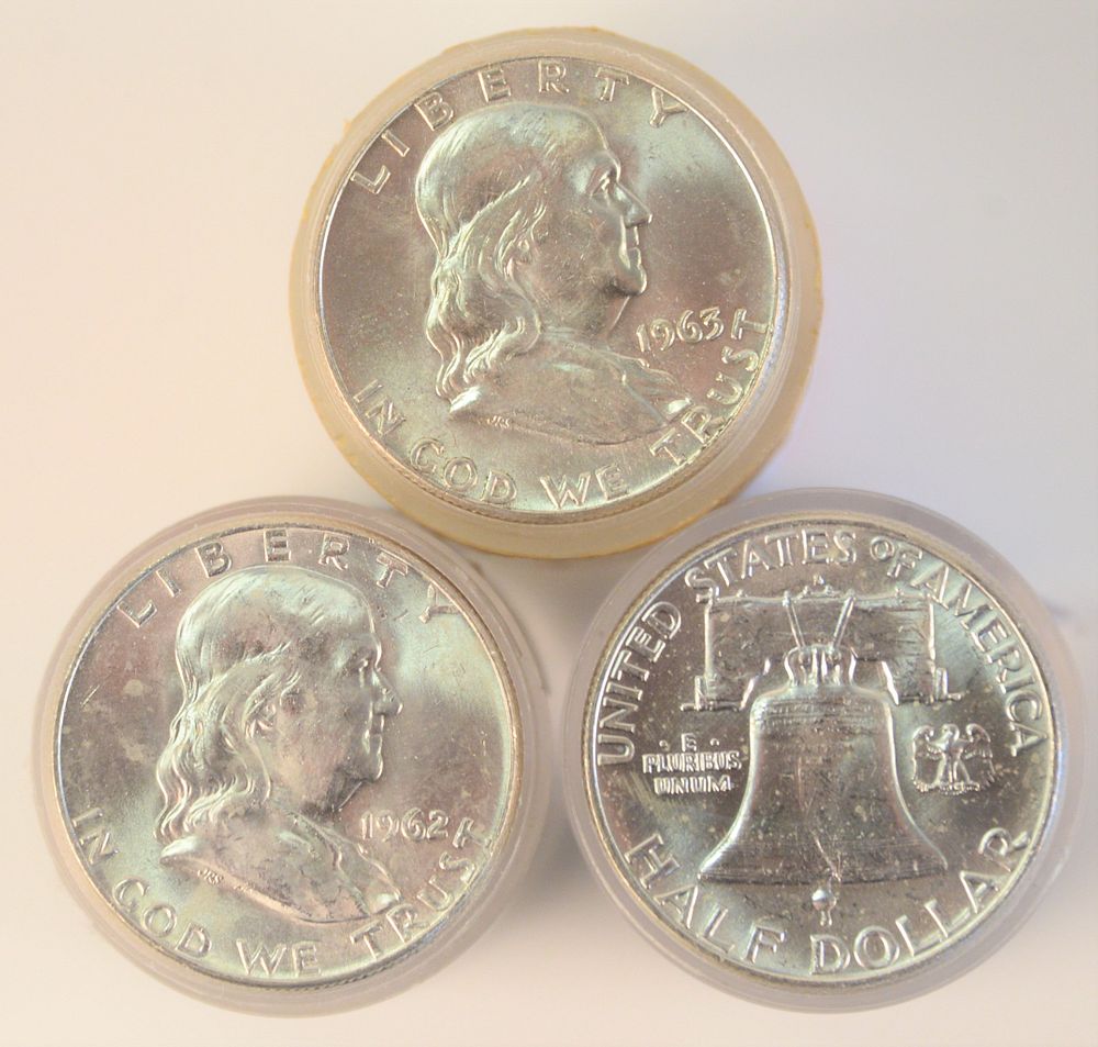 Appraisal: Three Rolls of Franklin Silver Half Dollars two D AU