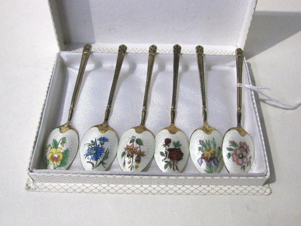 Appraisal: Set of six silver gilt and floral enamel decorated spoons