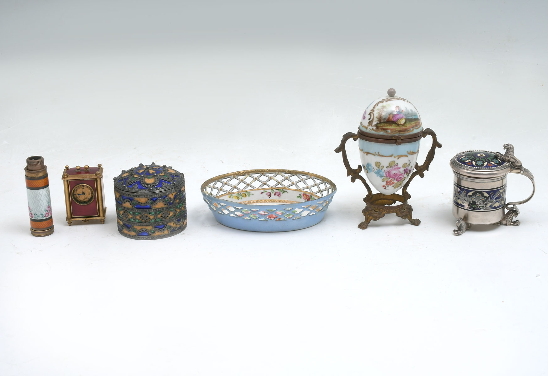 Appraisal: PC ENAMELED METAL COLLECTION Comprising - Japanese enameled Sterling sugar