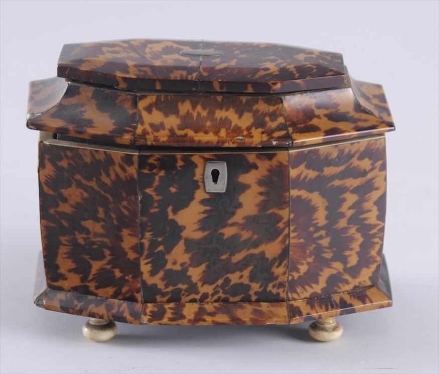 Appraisal: REGENCY PEWTER AND IVORY-MOUNTED TORTOISESHELL TEA CADDY Of oblong octagonal