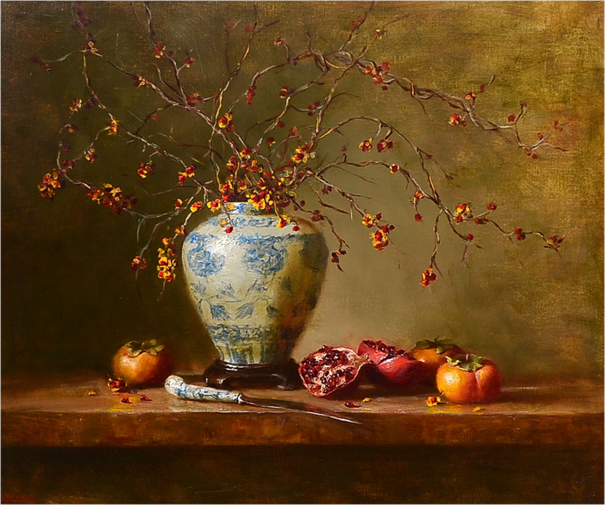 Appraisal: MAZZAFERRO Lucy American th Century Oriental Vase and Pomegranates Oil