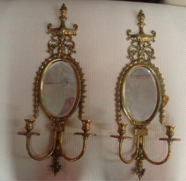 Appraisal: Pair of Brass Mirrored Sconces From a Mamaroneck home