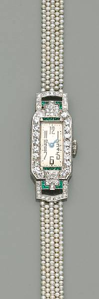 Appraisal: An art deco lady's Swiss diamond emerald and seed pearl