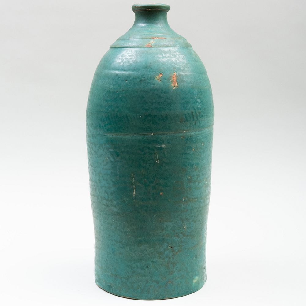 Appraisal: Moroccan Green Glazed Pottery Vase Probably Ourzazate Indistinctly signed x