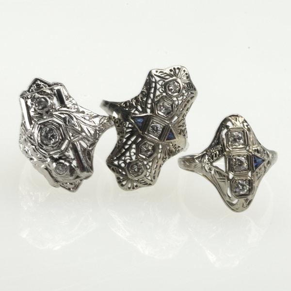 Appraisal: ART DECO DIAMOND RINGS Three rings with filigree design set