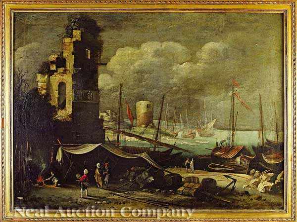 Appraisal: Italian School th c Harbor Scene with Ships and a