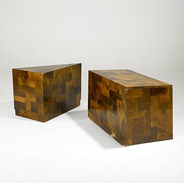 Appraisal: PAUL EVANS Two Patchwork burl occasional tables one with two