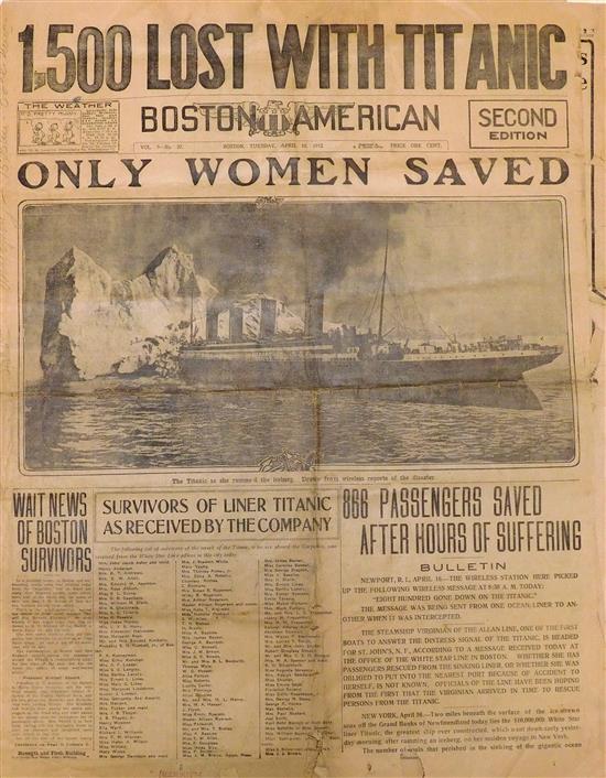 Appraisal: EPHEMERA Boston American newspaper second edition April th headline Lost