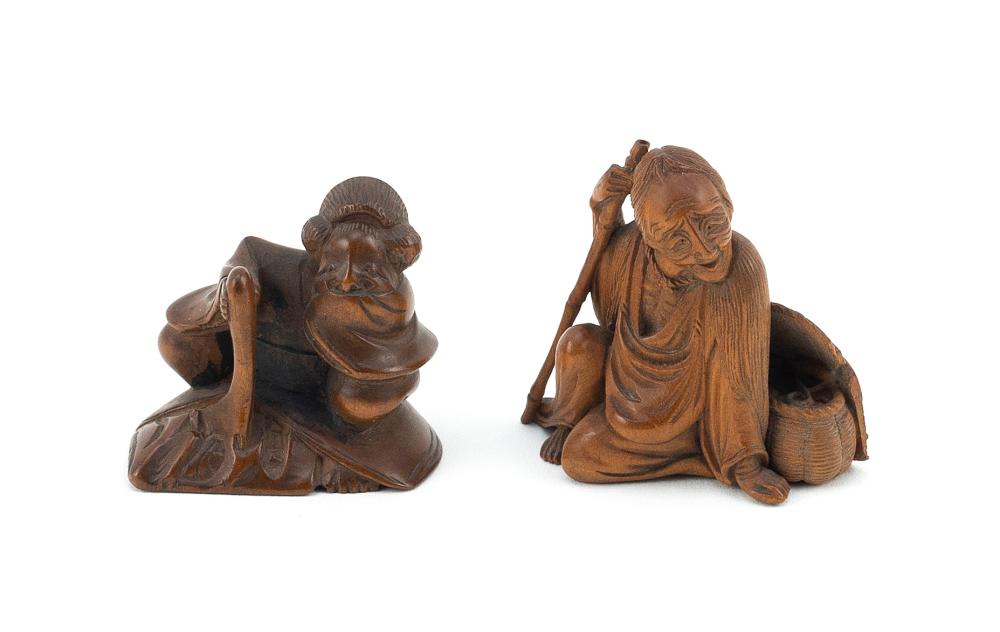 Appraisal: TWO JAPANESE WOOD NETSUKE MEIJI PERIOD HEIGHTS TWO JAPANESE WOOD