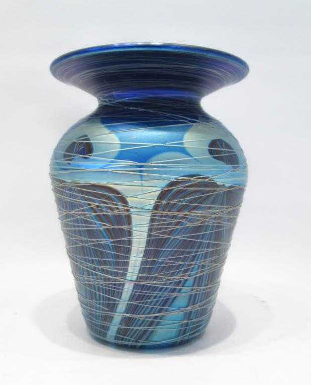 Appraisal: CARL RADKE PEACOCK VASE for Phoenix Studios Contemporary blue iridescent