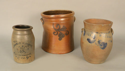 Appraisal: Three cobalt decorated stoneware crocks th c one stamped Hamilton