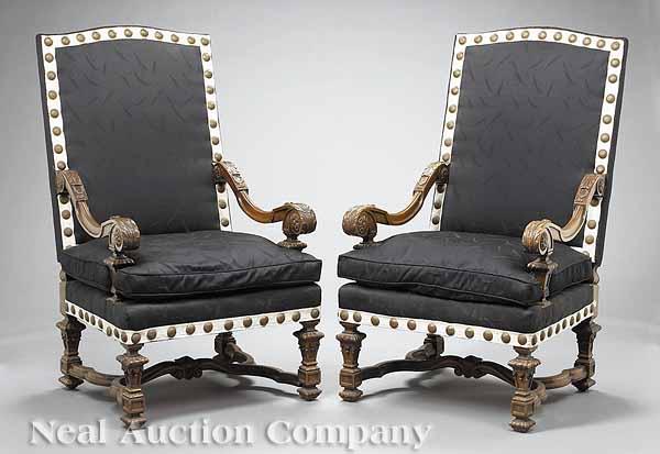 Appraisal: A Fine Pair of Louis XIV-Style Carved Walnut Fauteuils la