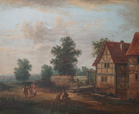 Appraisal: th C DUTCH LANDSCAPE WITH FIGURES OIL Chamfered Oak Panel