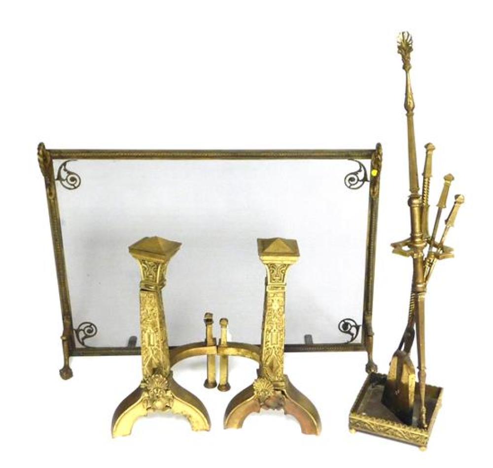 Appraisal: Fireplace accessories including pair of brass fireplace chenets columnar form