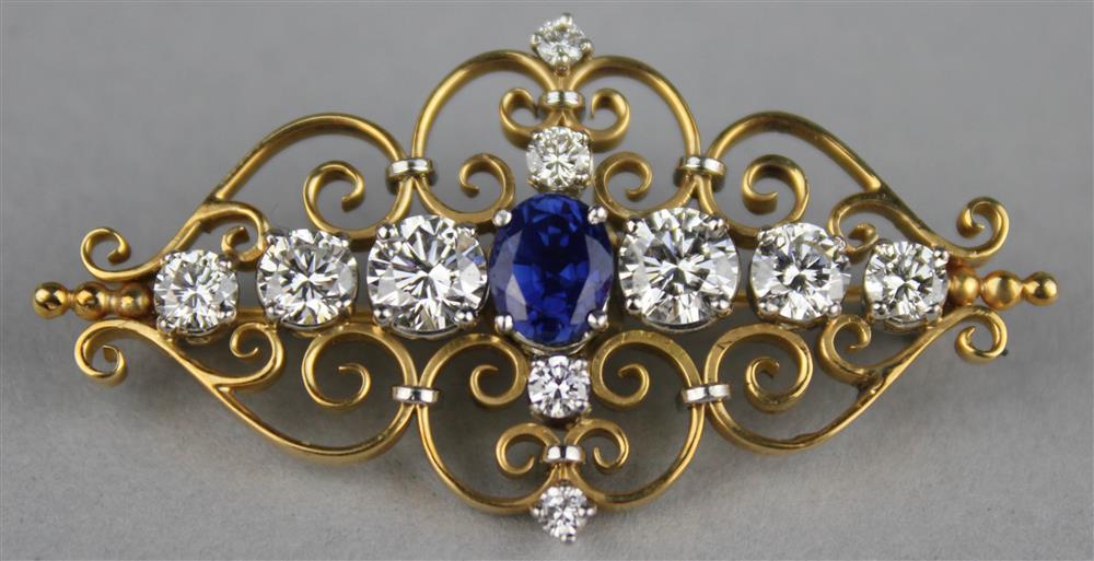 Appraisal: GALT'S K YELLOW GOLD AND PLATINUM DIAMOND AND SAPPHIRE BROOCH