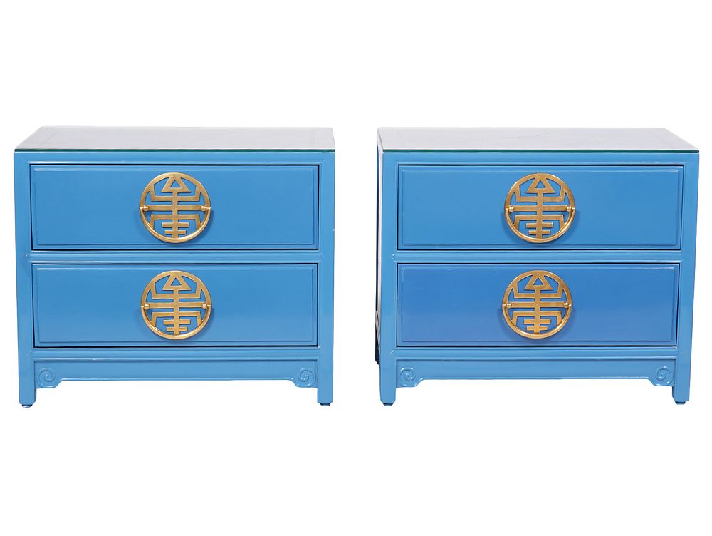 Appraisal: Pr of Blue Lacquered Side Tables w Brass Hardware Pair