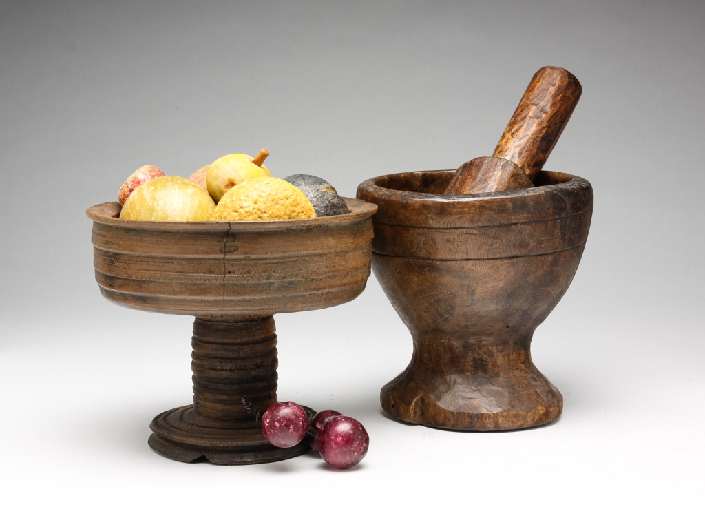 Appraisal: TWO PIECES OF WOODENWARE AND STONE FRUIT Mid th-early th