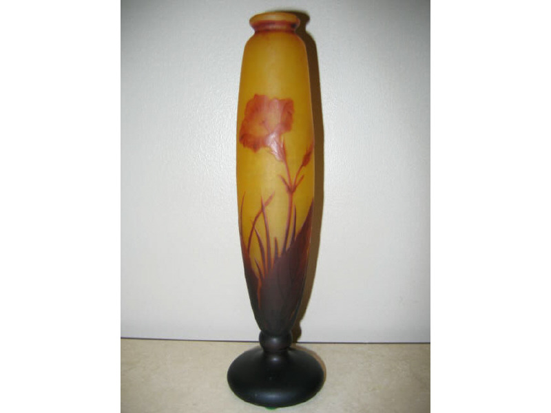 Appraisal: DAUM FRANCE Wheel-carved cameo glass vase of elongated ovoid form