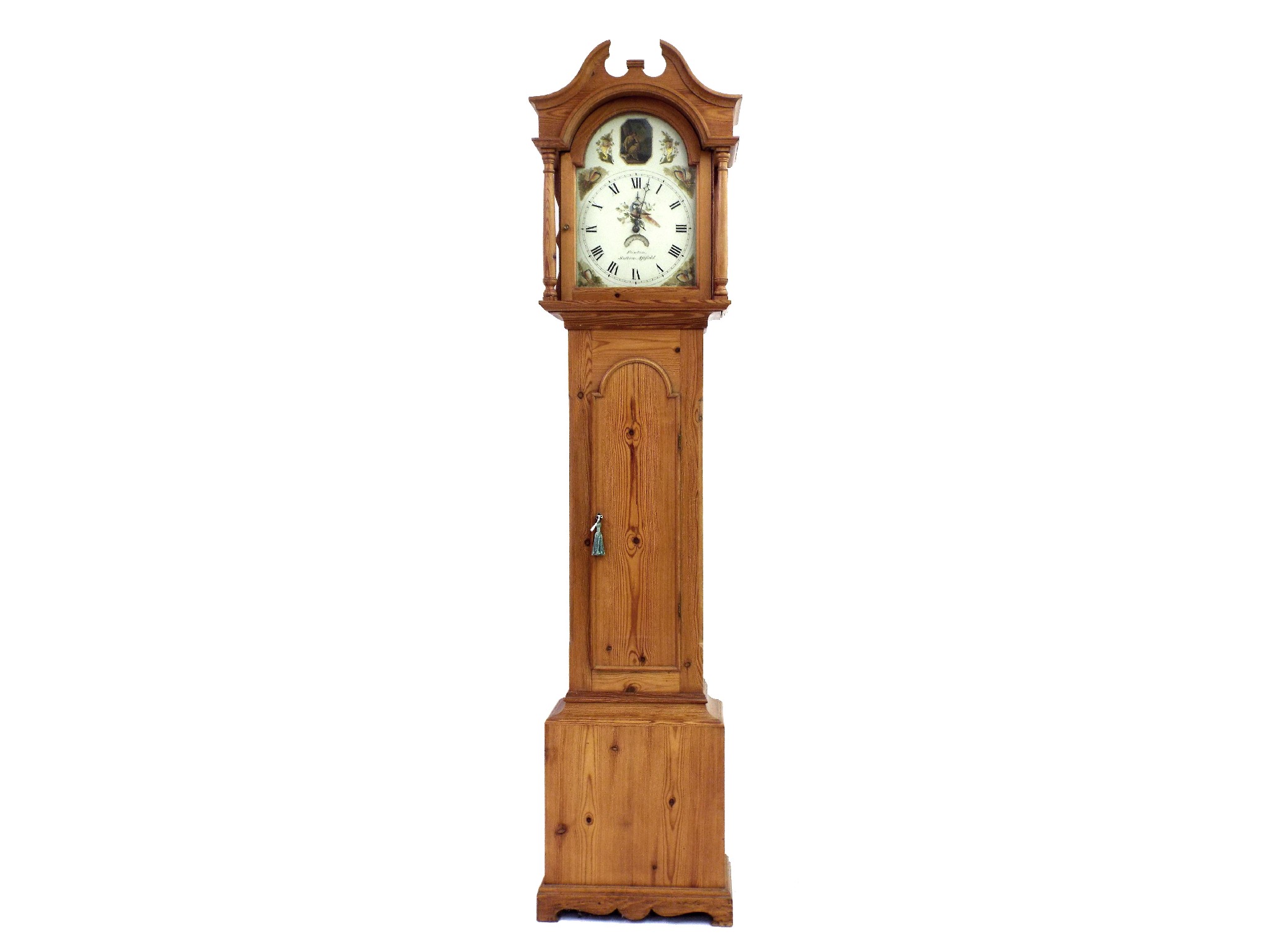 Appraisal: Pine thirty hour longcase clock the painted arched dial signed