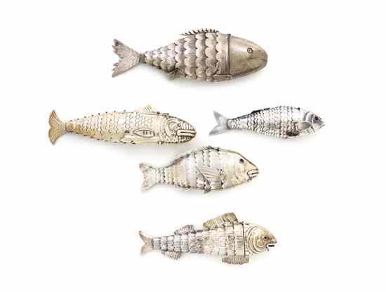 Appraisal: A Collection of Five Silver or Silverplate Reticulated Fish of