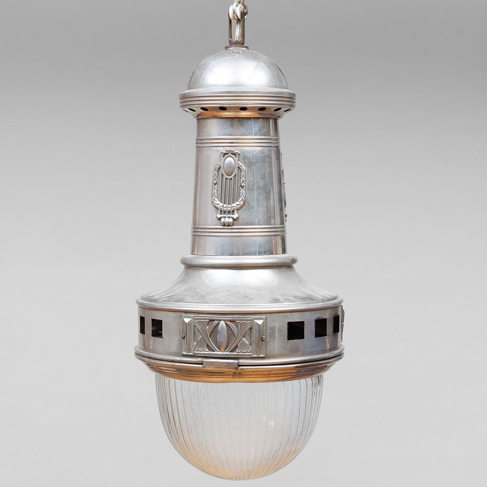 Appraisal: Otto Wagner Nickel and Glass Hanging Lamp x in diam