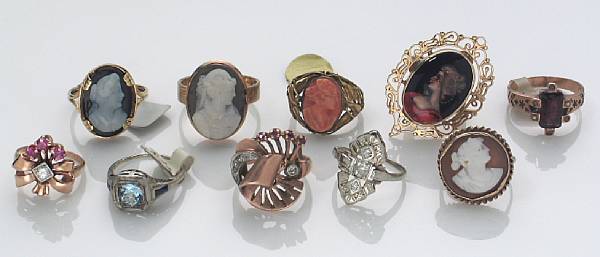 Appraisal: A collection of ten gem-set cameo enamel and gold rings