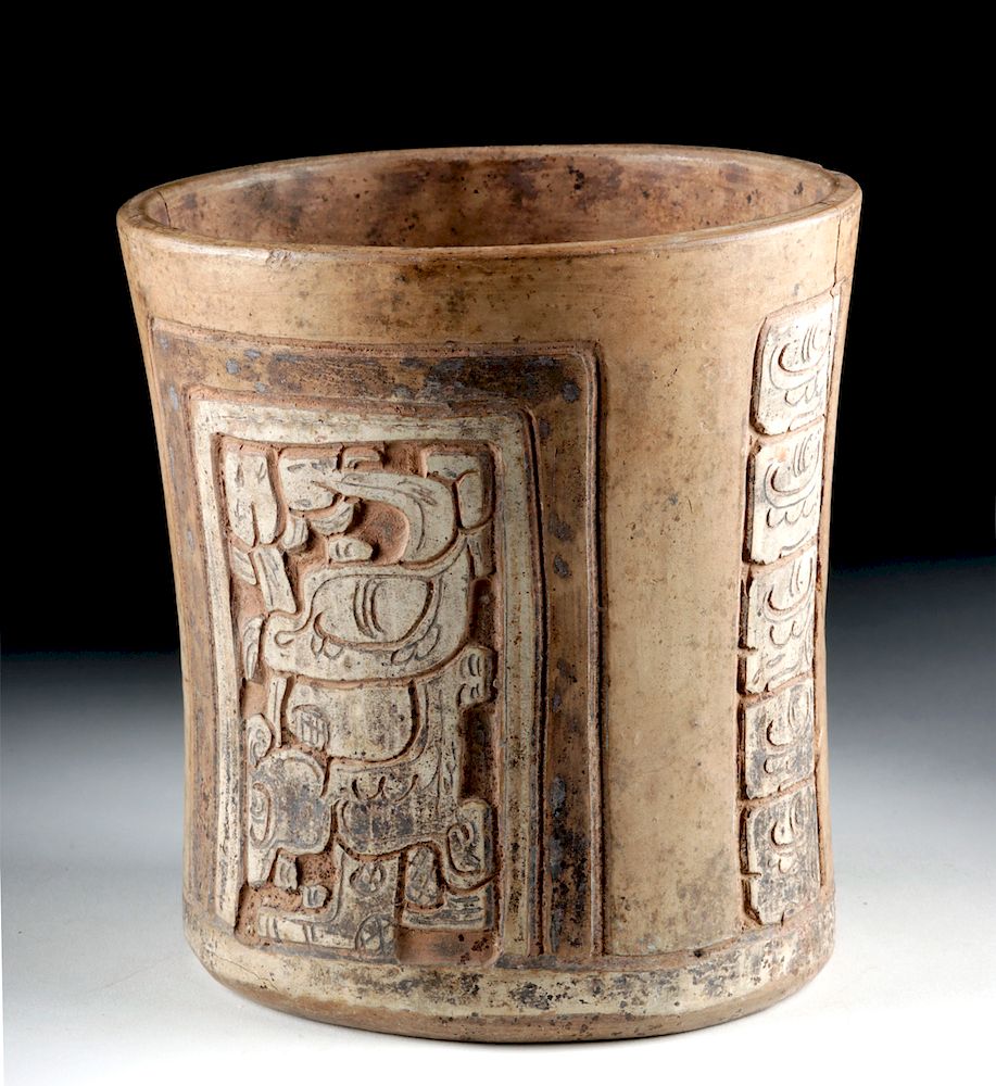 Appraisal: Stunning Maya Carved Brownware Cylinder - Deities Originally Listed At