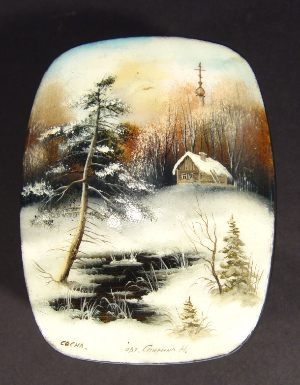 Appraisal: Russian black laquered papier mache snuff box the lid hand