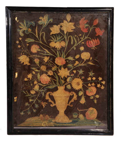 Appraisal: AN ANTIQUE CREWEL WORK PANEL depicting a vase of various